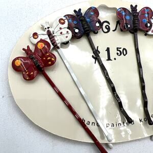 Vintage Hand Painted Metal Butterfly Bobby Hair Pins 1980s NEW Coronet Korea